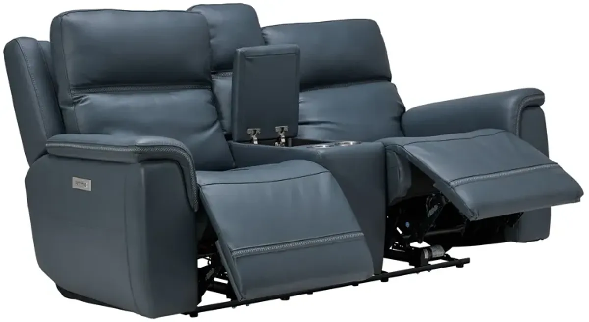 Stephen Blue Leather Triple Power Reclining Console Loveseat