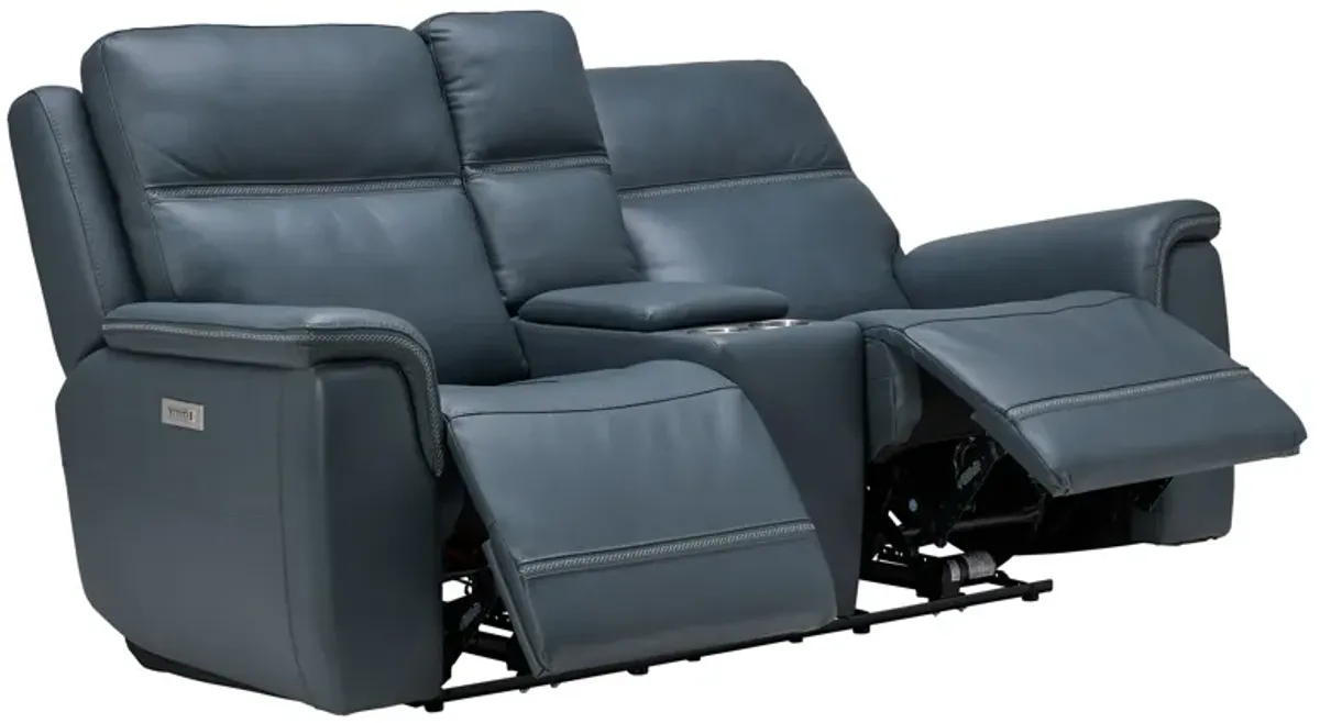 Stephen Blue Leather Triple Power Reclining Console Loveseat