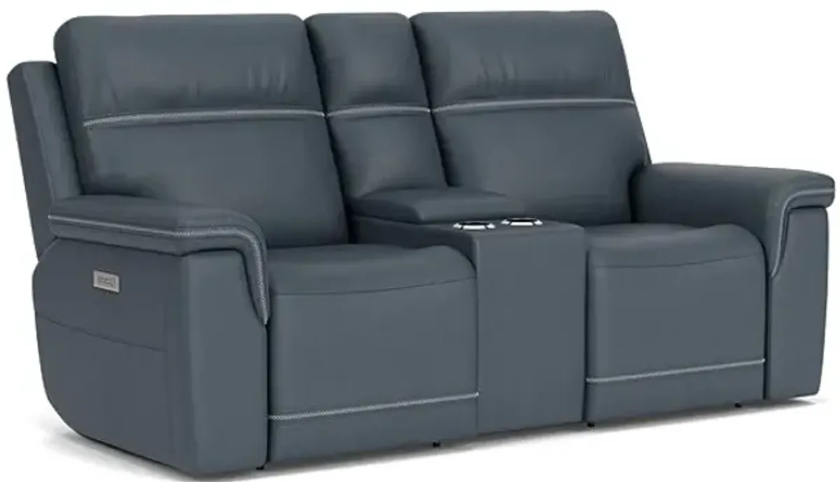 Stephen Blue Leather Triple Power Reclining Console Loveseat