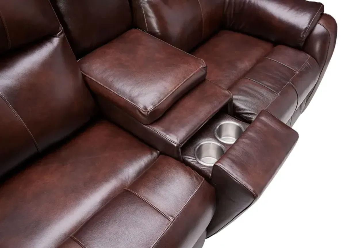 Zeus Chocolate Dual Power Leather Reclining Console Loveseat by Southern Motion