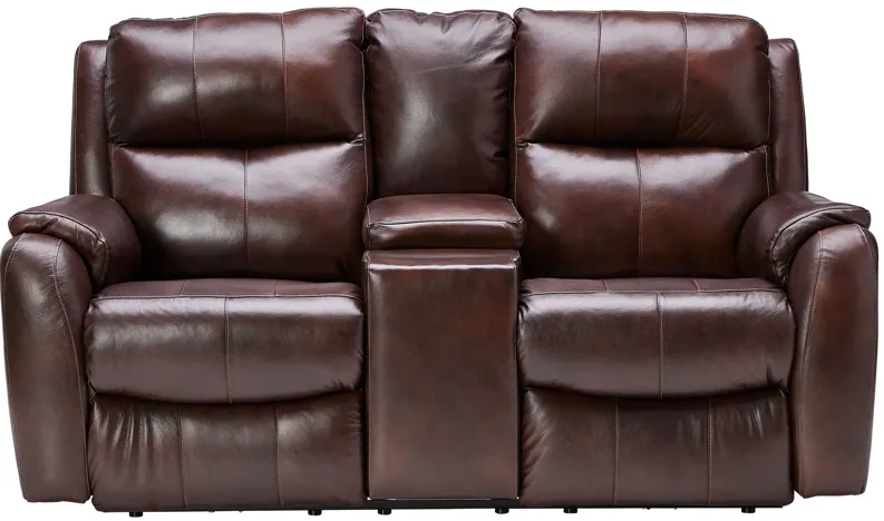 Zeus Chocolate Dual Power Leather Reclining Console Loveseat by Southern Motion