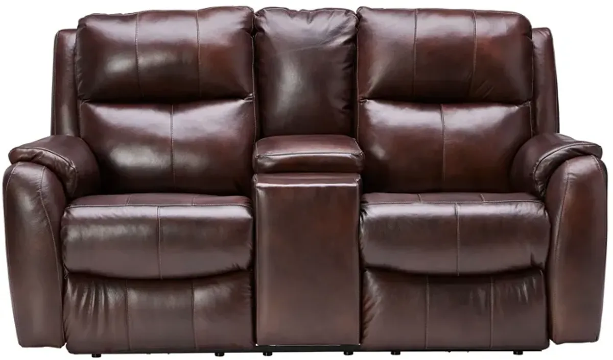 Zeus Chocolate Dual Power Leather Reclining Console Loveseat by Southern Motion