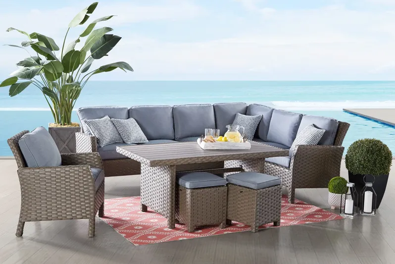 Retreat Dining Table + Sectional + Chair + 2 Ottoman Set