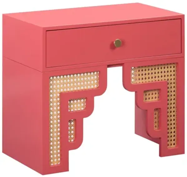 Suzie Coral Pink & Rattan Nightstand