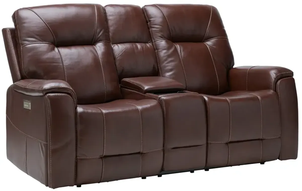 Roman Coffee Triple Power Reclining Console Leather Loveseat