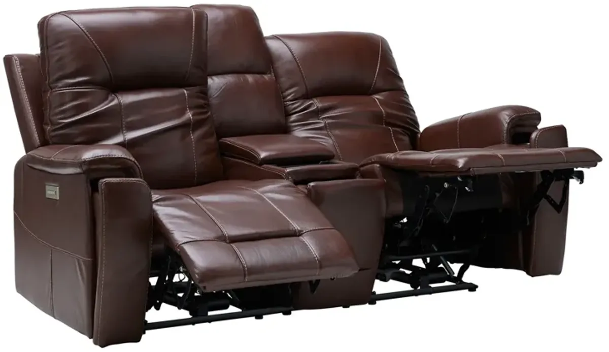 Roman Coffee Triple Power Reclining Console Leather Loveseat