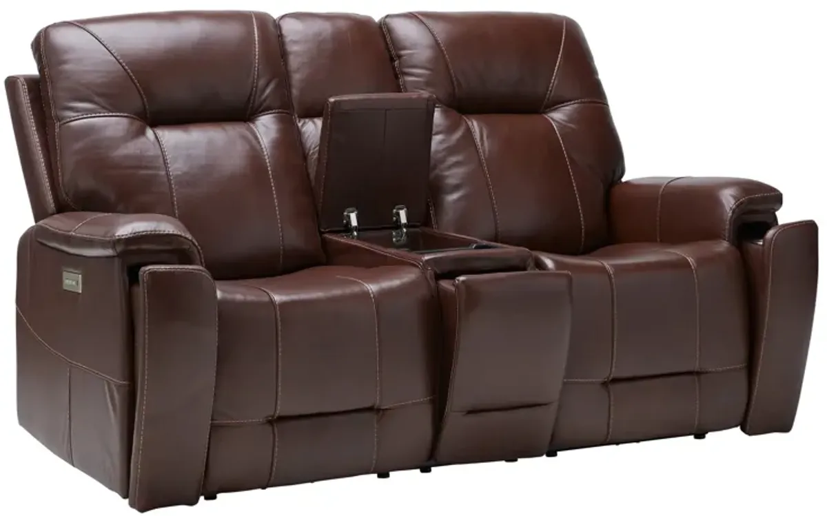 Roman Coffee Triple Power Reclining Console Leather Loveseat