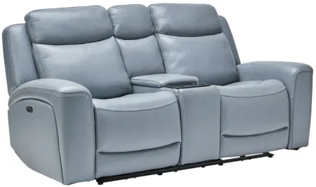 Knox Blue Dual Power Leather Reclining Console Loveseat