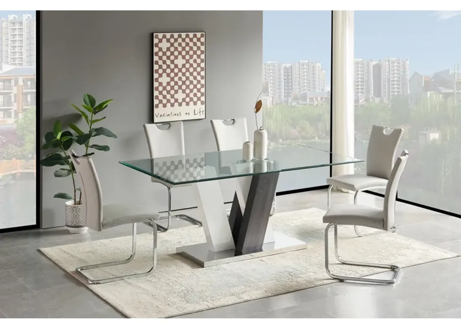 Rossi Rectangular Table + 6 Light Grey Chairs