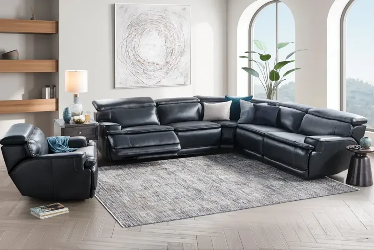 Maddox Navy 5-Piece Leather Triple Power Reclining Sectional