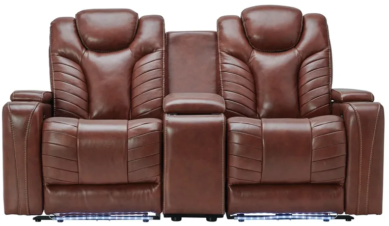 Viper Chestnut Dual Power Leather Reclining Console Loveseat
