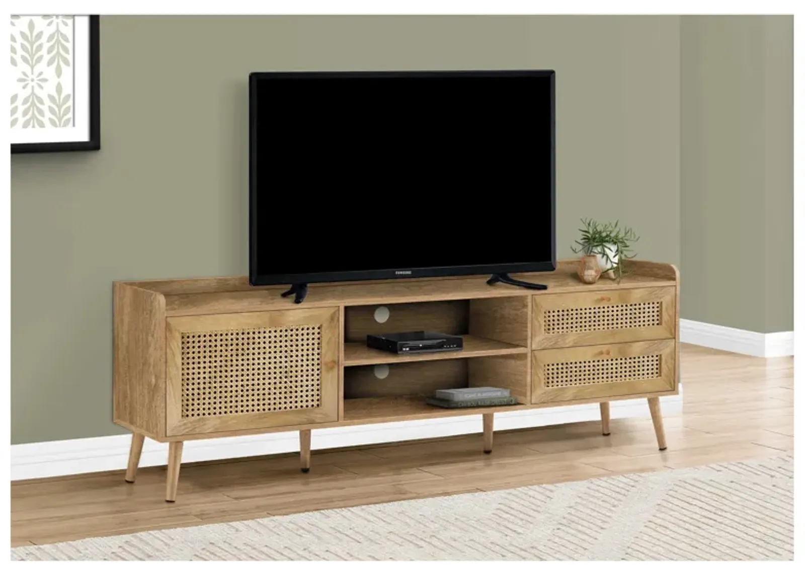 Walnut Rattan TV Stand with Storage