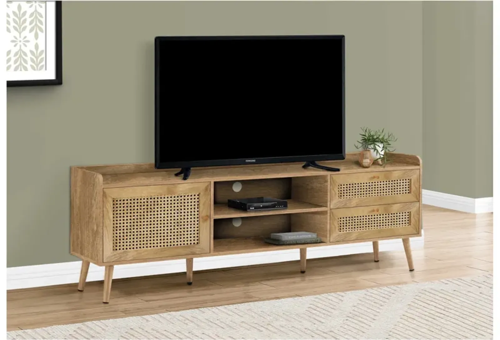 Walnut Rattan TV Stand with Storage