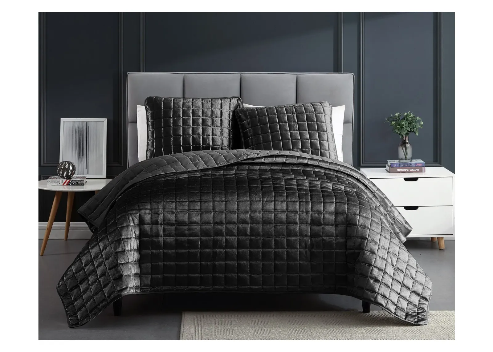 Luxe 3pc Full/Queen Graphite Velvet Coverlet