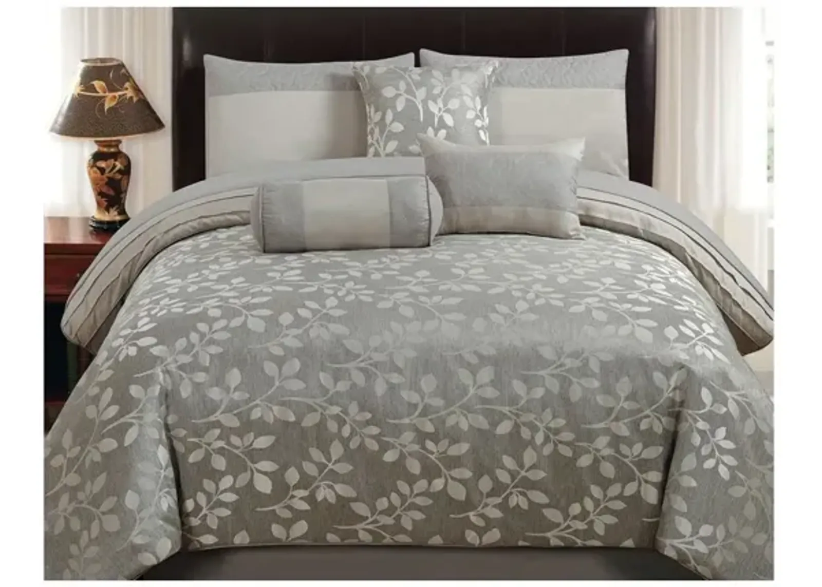 Platinum Leaves 7pc Queen Comforter Set