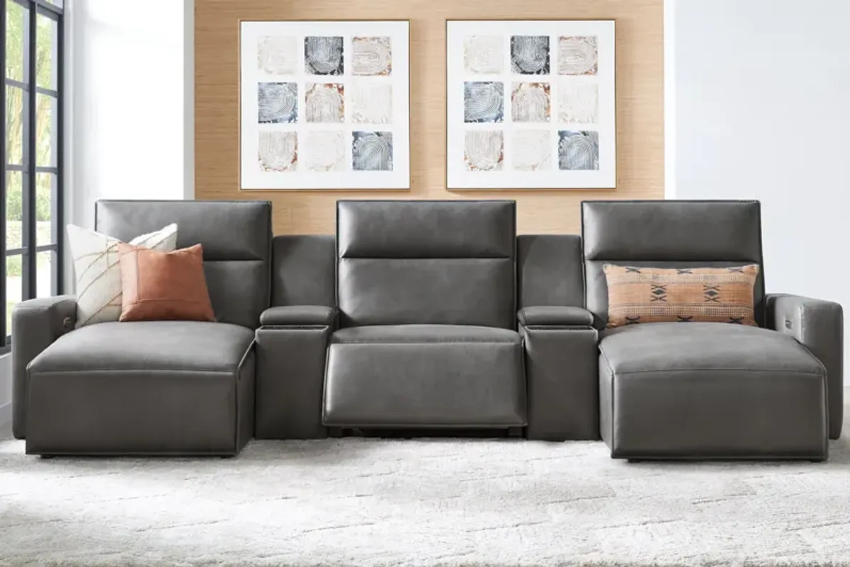 ModularTwo Grey 5-Piece Dual Power Reclining Chaise Sectional with Armless Recliner