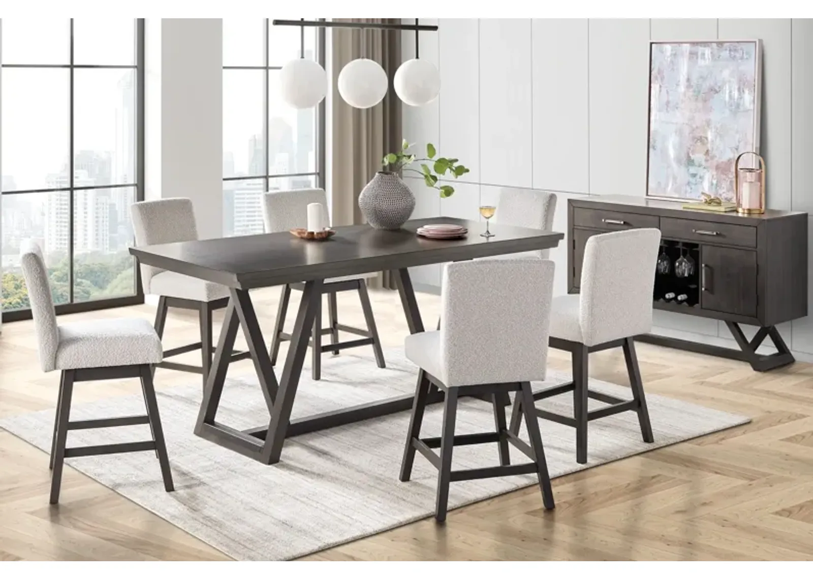 Emmy Counter Table + 6 Swivel White Stools