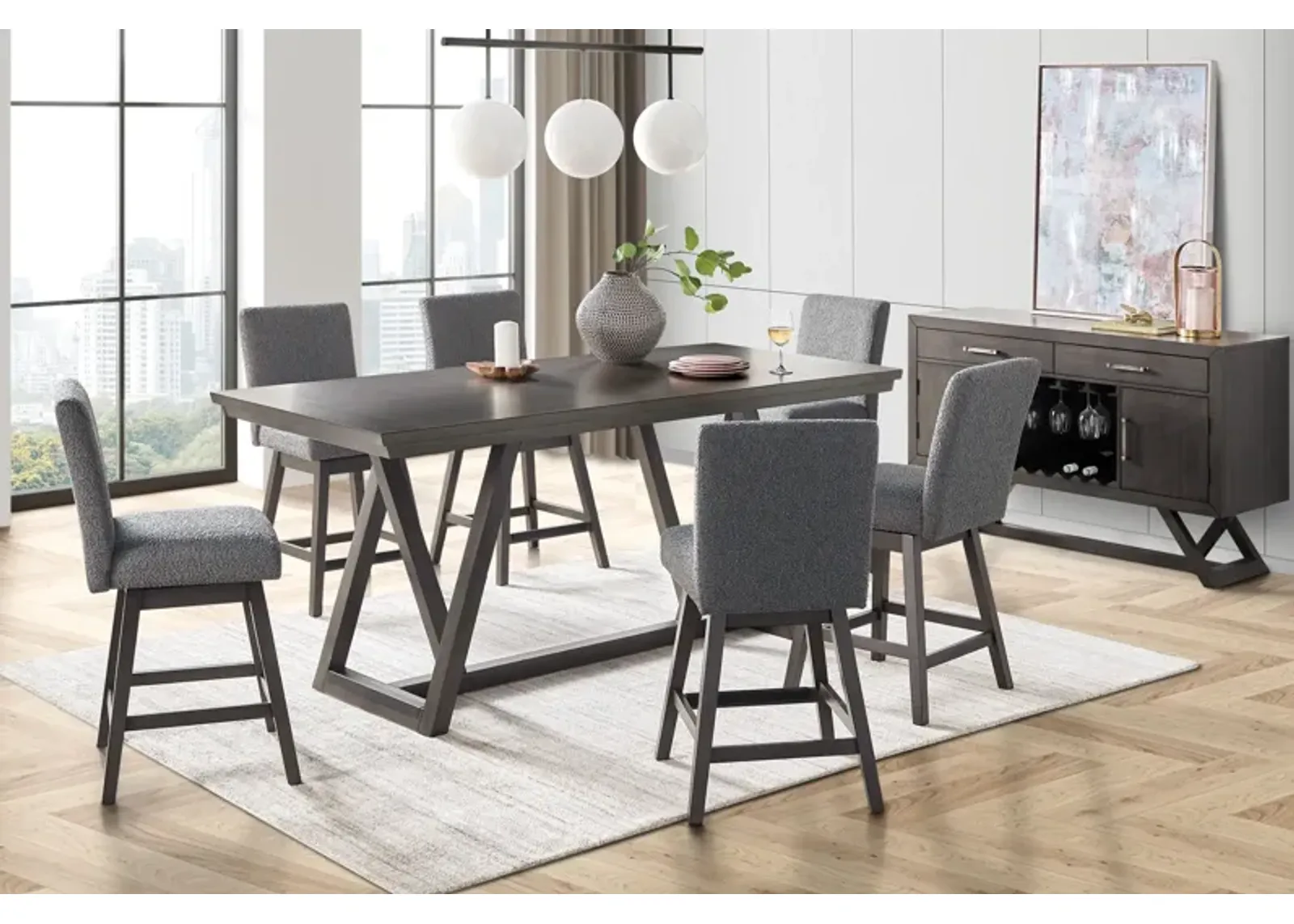 Emmy Counter Table + 6 Swivel Grey Stools