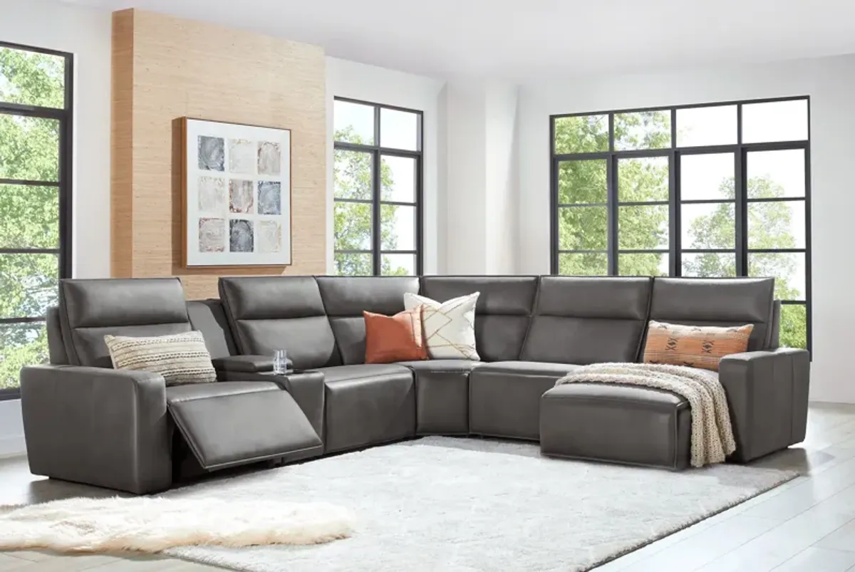 ModularTwo Grey 6-Piece Dual Power Reclining Sectional with Right Arm Facing Chaise + 1 E-Console