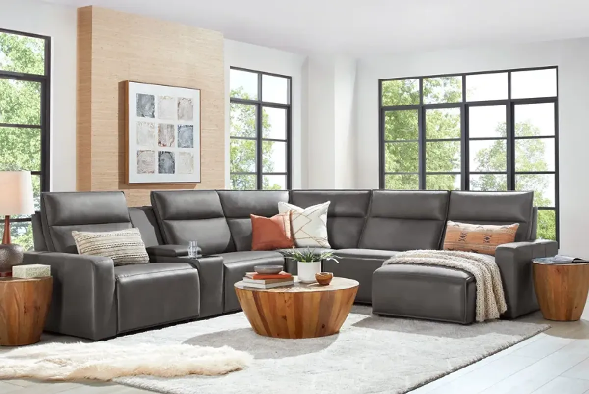 ModularTwo Grey 6-Piece Dual Power Reclining Sectional with Right Arm Facing Chaise + 1 E-Console