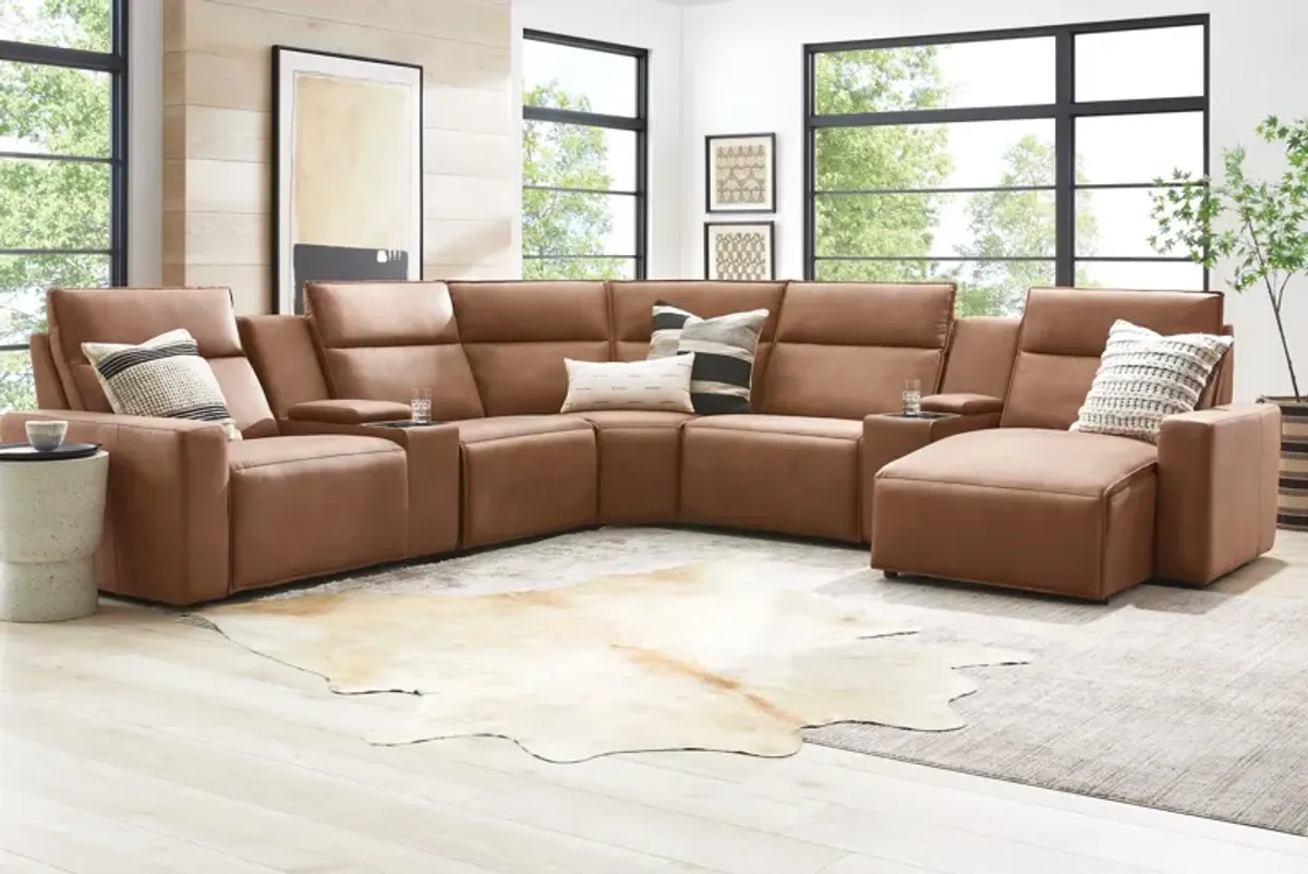 ModularTwo Brown 7-Piece Dual Power Reclining Sectional with Right Arm Facing Chaise + 2 E-Consoles