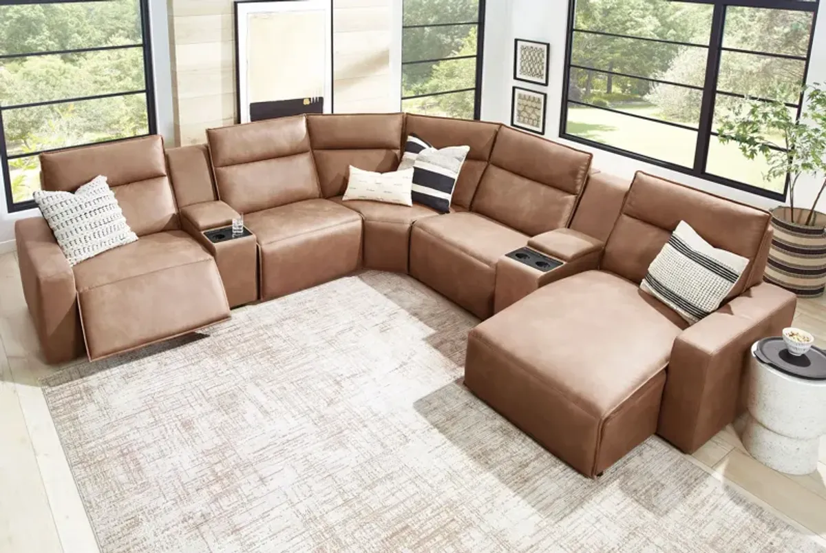 ModularTwo Brown 7-Piece Dual Power Reclining Sectional with Right Arm Facing Chaise + 2 E-Consoles