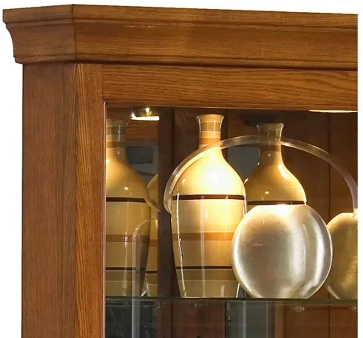 Mirrored 4 Shelf Corner Curio Cabinet in Golden Oak Brown