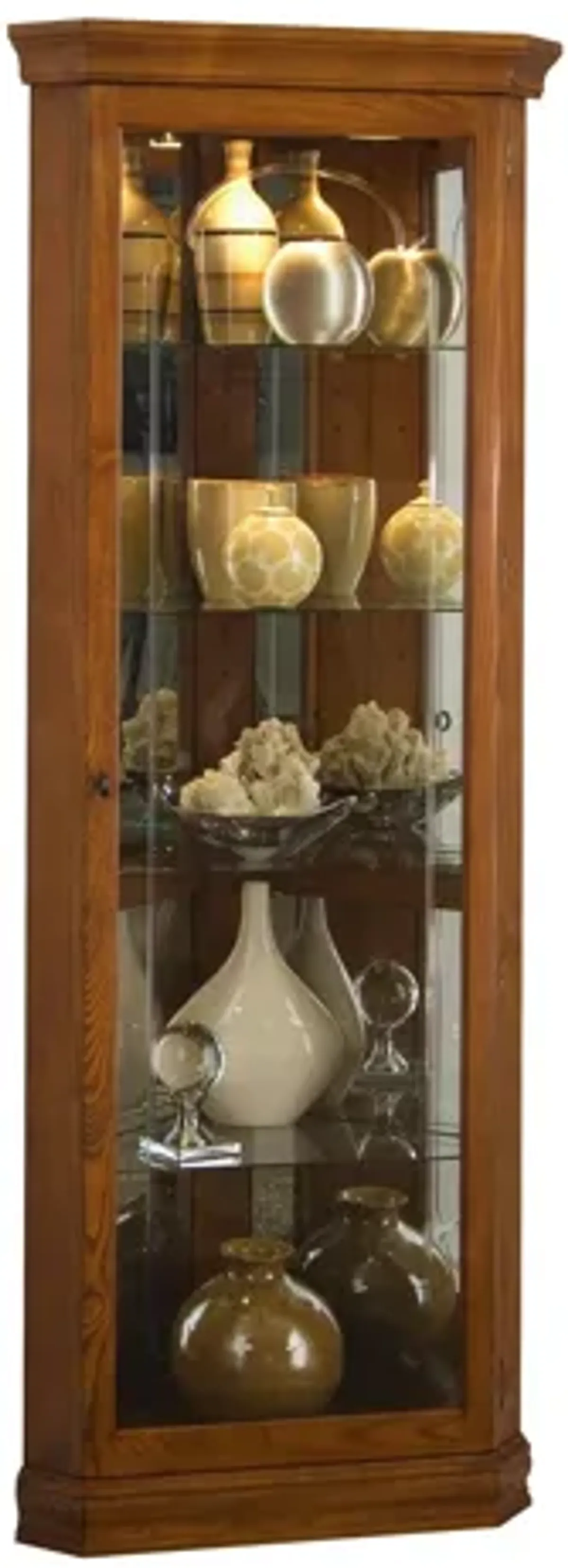 Mirrored 4 Shelf Corner Curio Cabinet in Golden Oak Brown