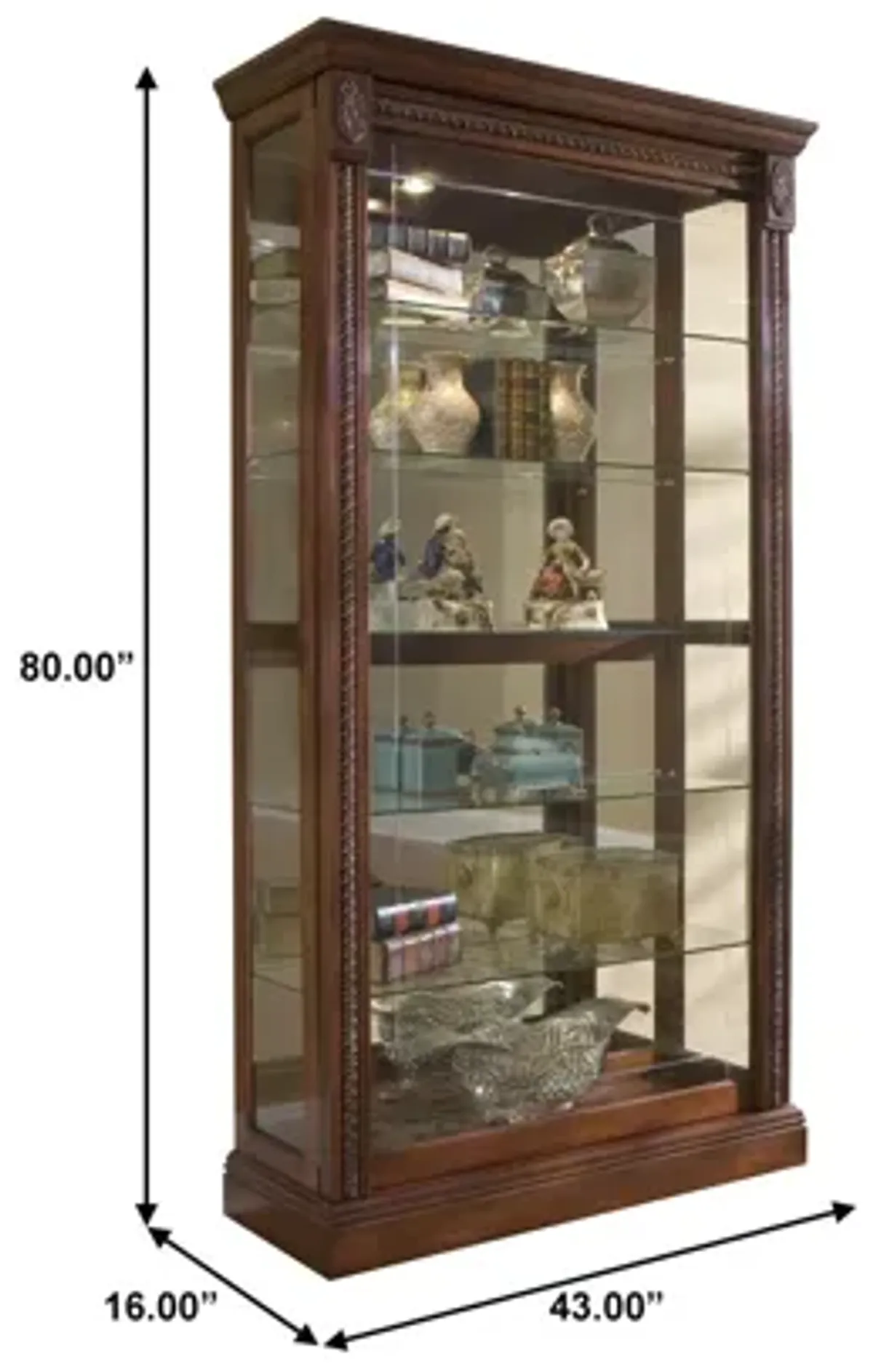 Lighted Sliding Door 5 Shelf Curio Cabinet in Cherry Brown