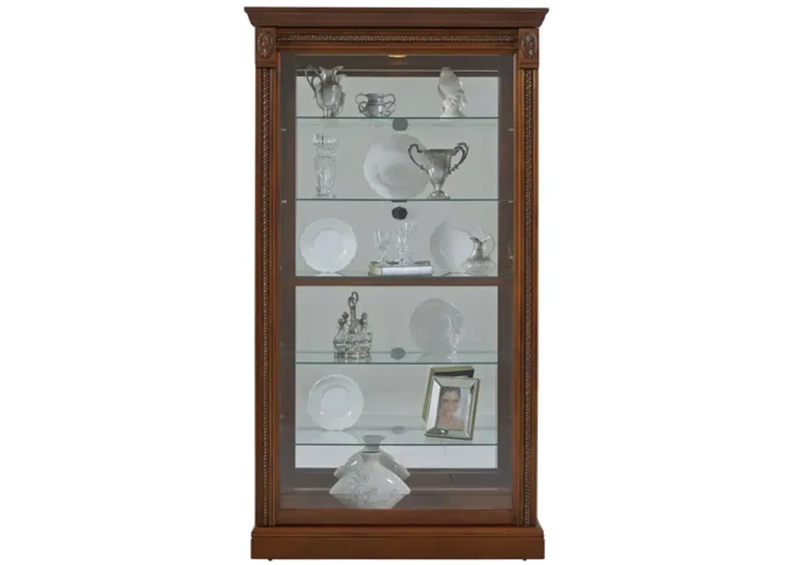 Lighted Sliding Door 5 Shelf Curio Cabinet in Cherry Brown