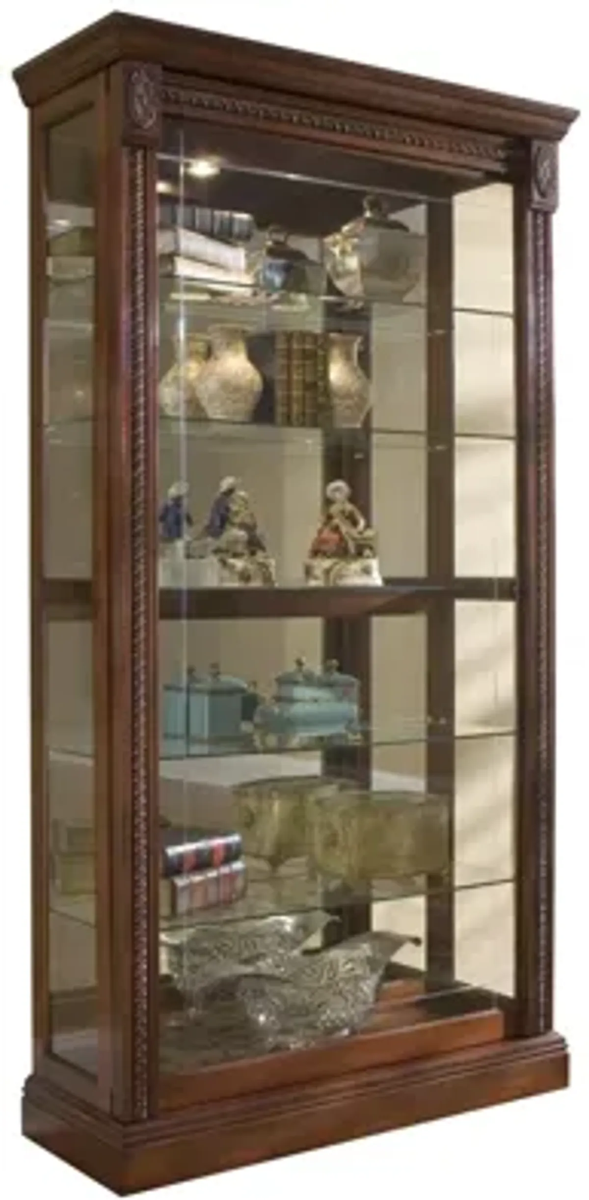 Lighted Sliding Door 5 Shelf Curio Cabinet in Cherry Brown