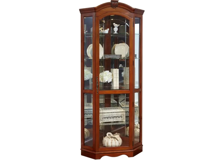 Mirrored Corner Curio Cabinet in Warm Cherry Brown