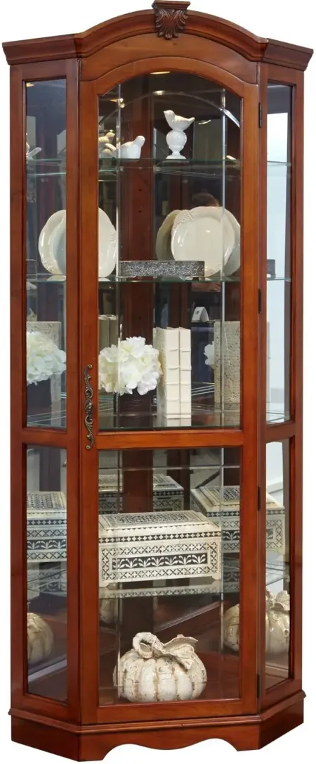 Mirrored Corner Curio Cabinet in Warm Cherry Brown