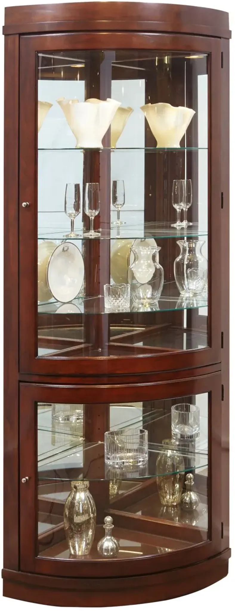 Curved  5 Shelf Corner Curio Cabinet in Cherry Brown