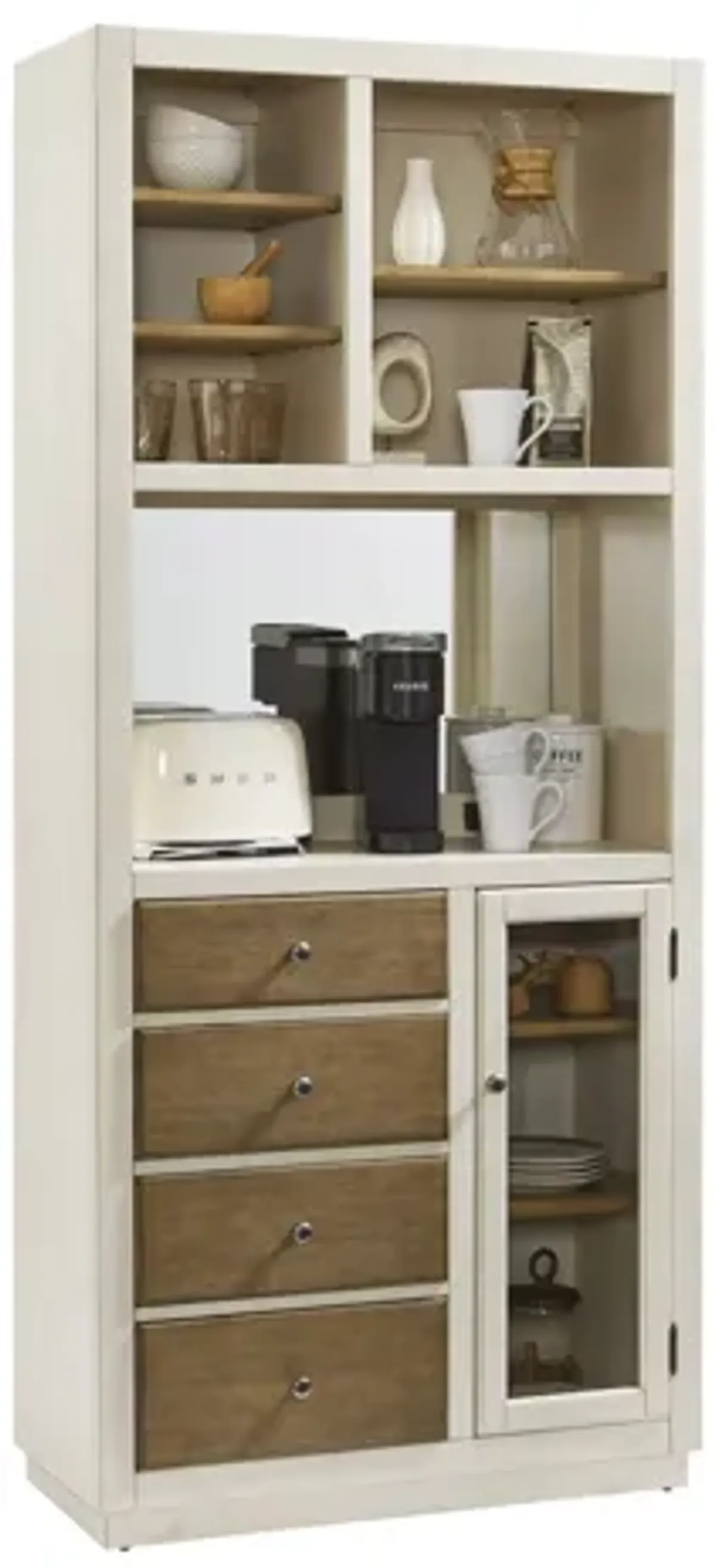 Four Drawer Coffee Bar with Shelves and Power Outlets