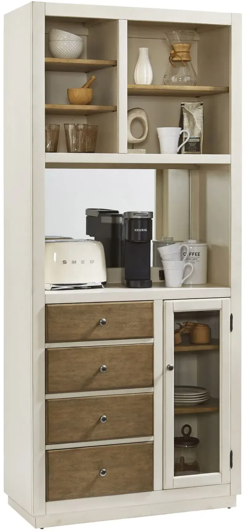 Four Drawer Coffee Bar with Shelves and Power Outlets