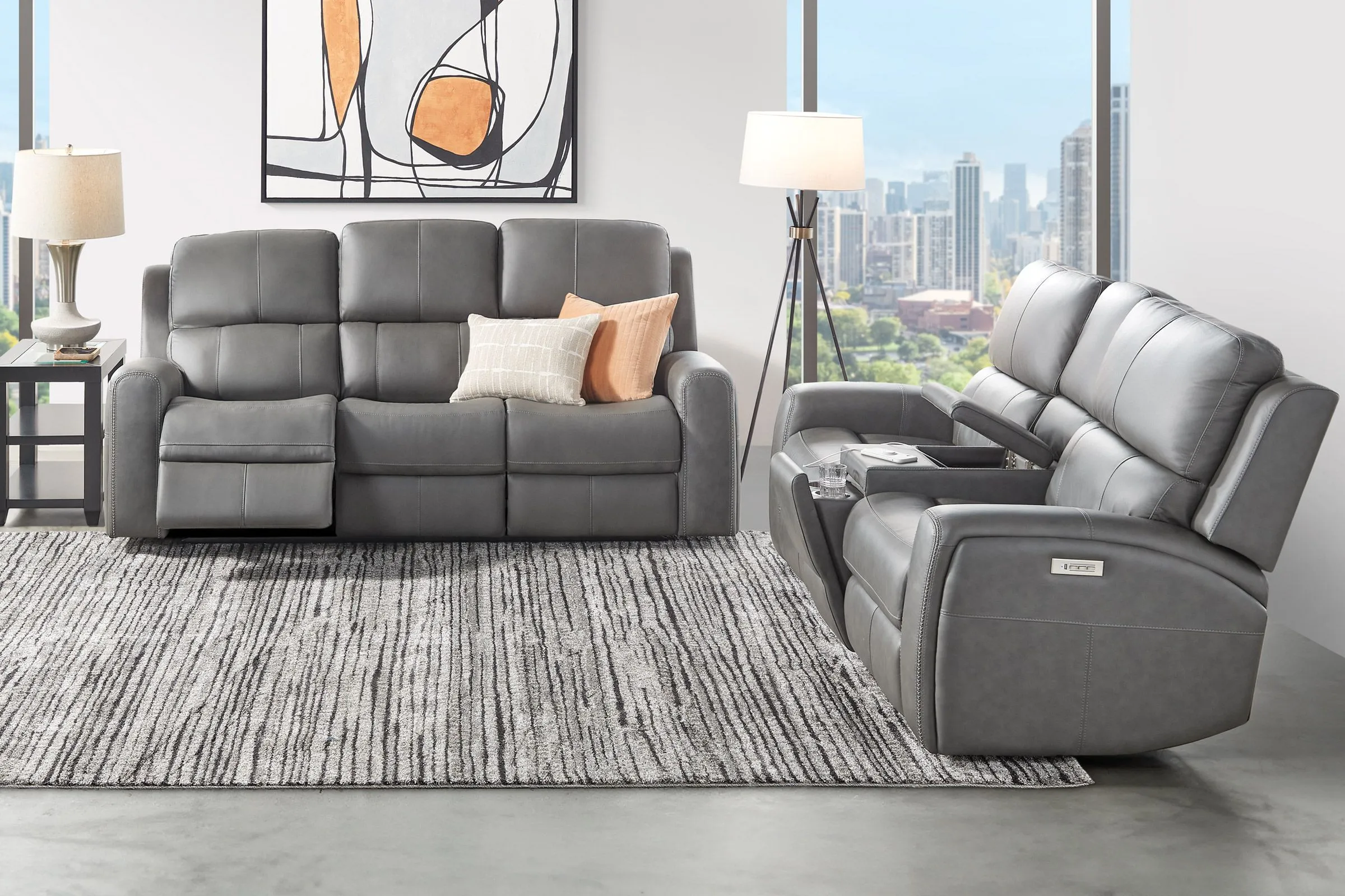 Linton Grey Leather Triple Power Reclining Sofa