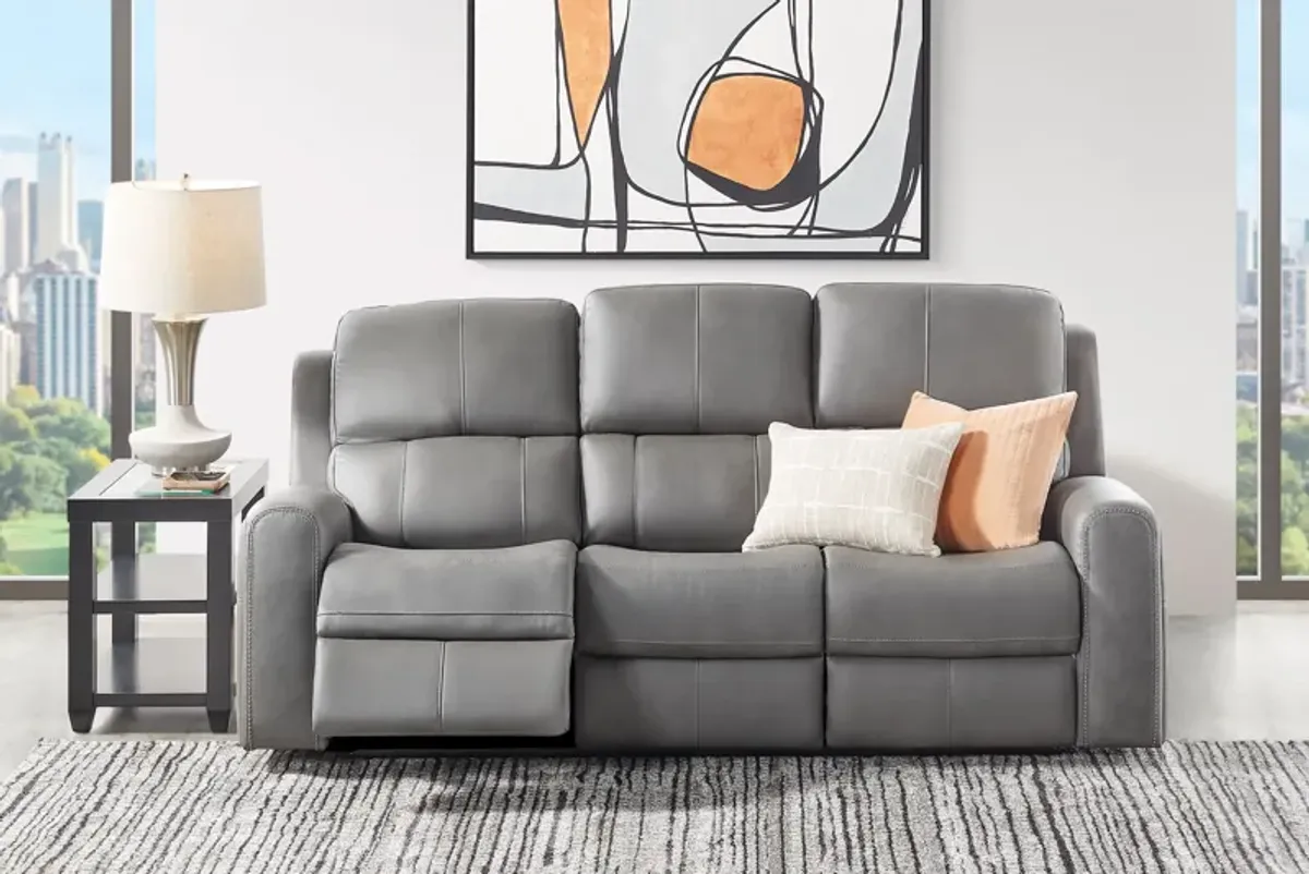 Linton Grey Leather Triple Power Reclining Sofa