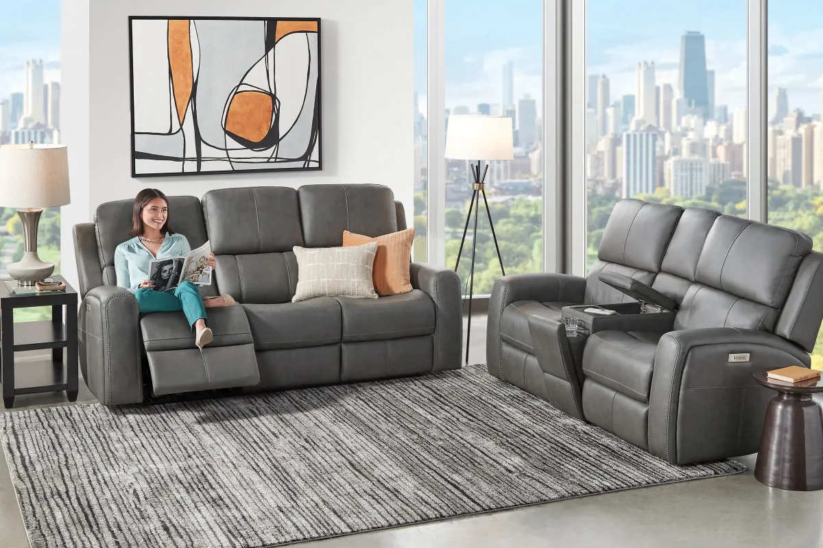 Linton Grey Leather Triple Power Reclining Sofa