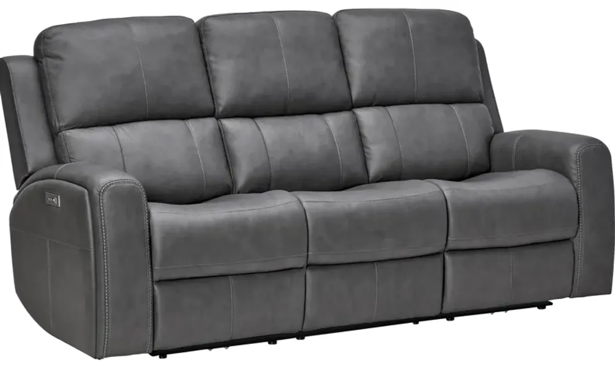 Linton Grey Leather Triple Power Reclining Sofa