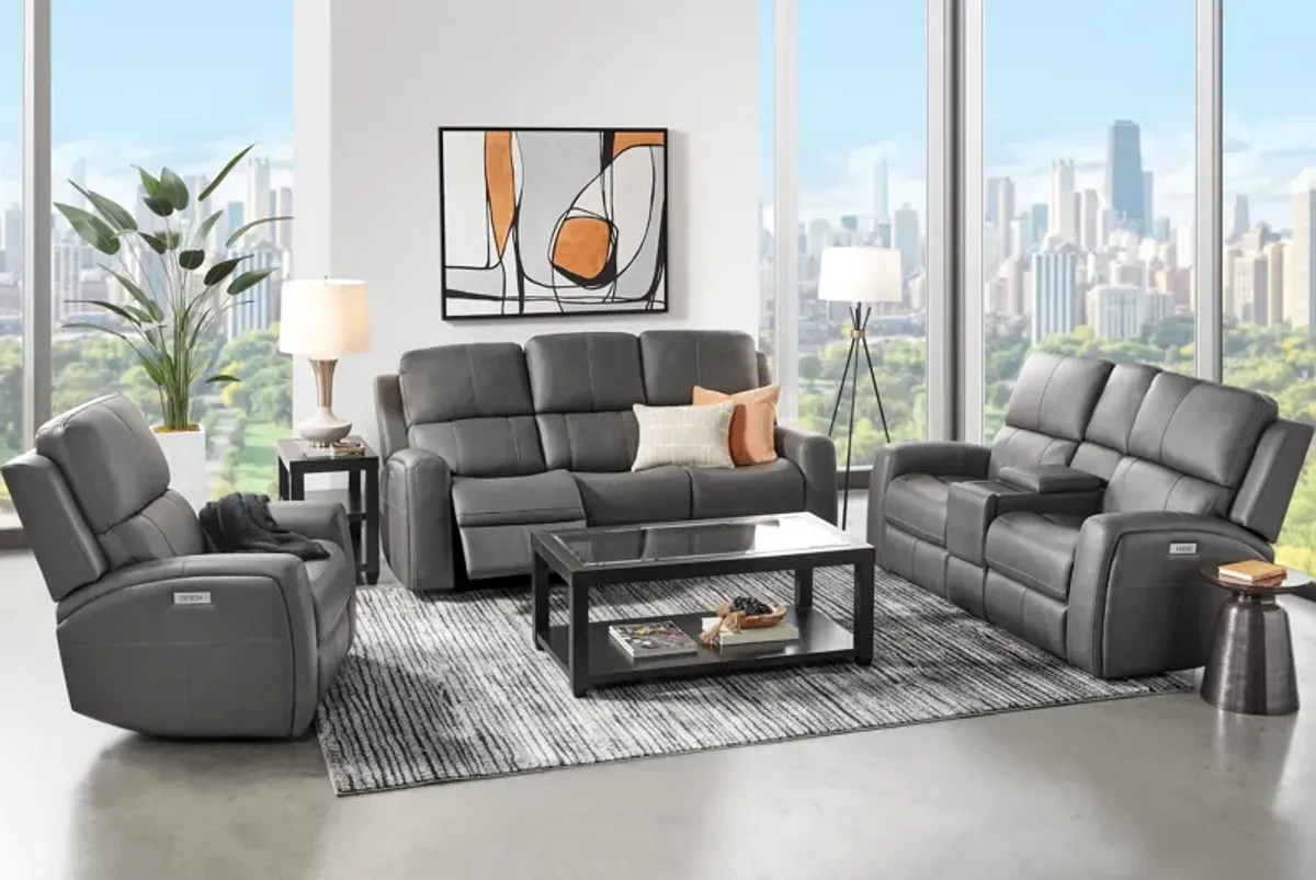 Linton Grey Leather Triple Power Reclining Sofa