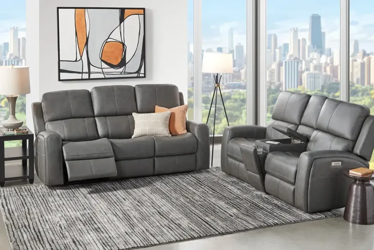 Linton Grey Leather Triple Power Reclining Sofa