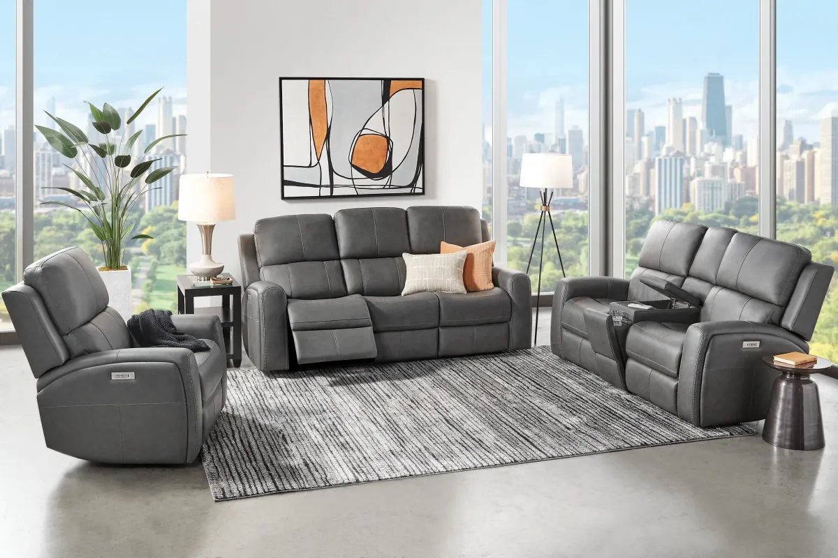 Linton Grey Leather Triple Power Reclining Sofa