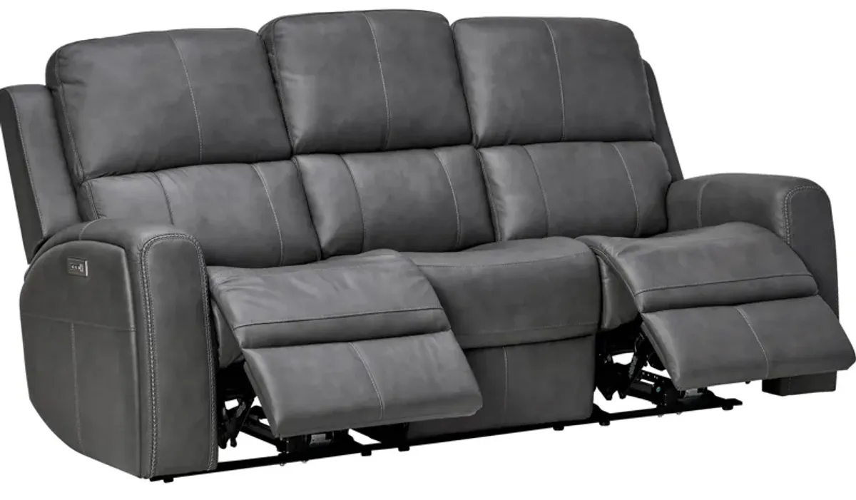 Linton Grey Leather Triple Power Reclining Sofa