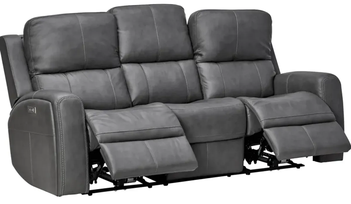 Linton Grey Leather Triple Power Reclining Sofa