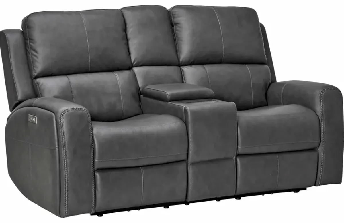 Linton Grey Leather Triple Power Reclining Console Loveseat