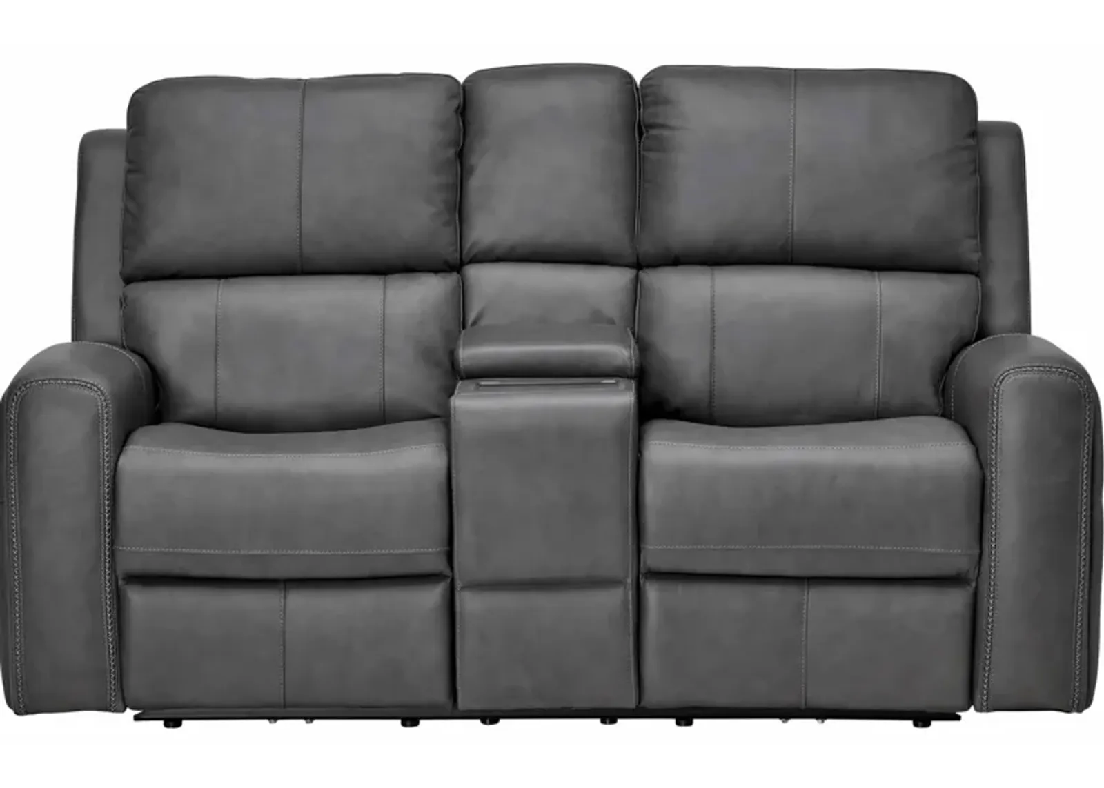 Linton Grey Leather Triple Power Reclining Console Loveseat