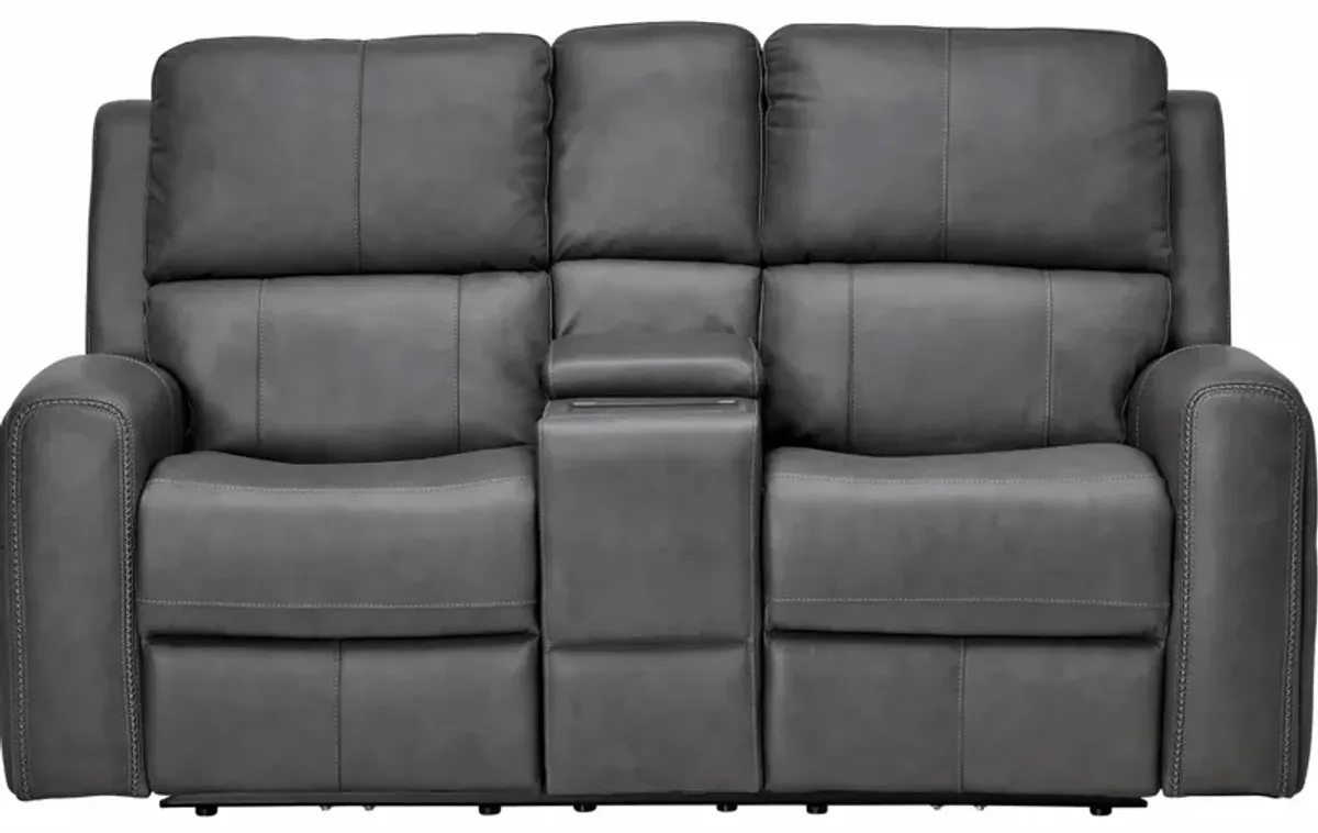 Linton Grey Leather Triple Power Reclining Console Loveseat