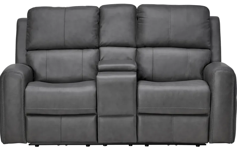 Linton Grey Leather Triple Power Reclining Console Loveseat