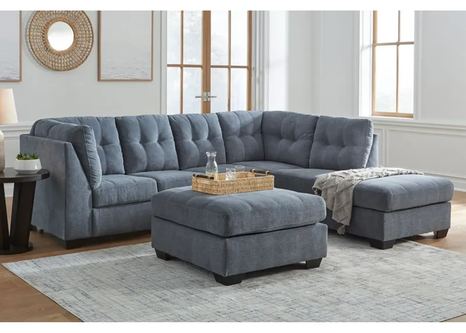 Milo Blue 2-Piece Sectional with Right Arm Facing Chaise + Ottoman